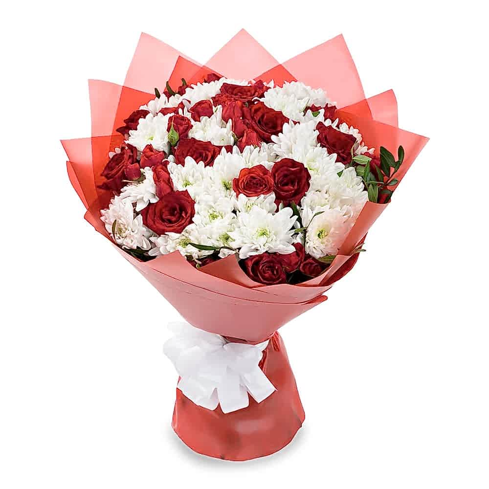 Beyaz Papatya K�rm�z� G�l Buketi